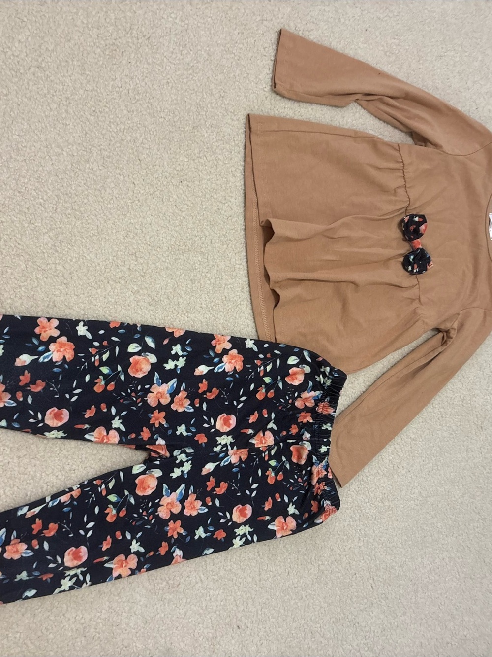 Girls Two-Piece Floral Pants Set with Tan Top